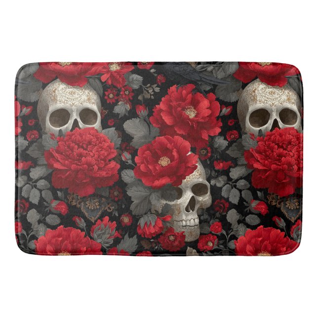Gothic Crow and Skull Floral Seamless Pattern Bath Mat (Front)