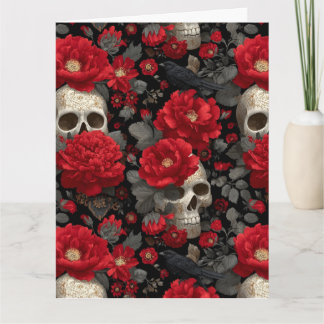 Gothic Crow and Skull Floral Seamless Pattern Card