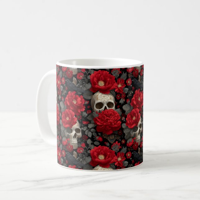 Gothic Crow and Skull Floral Seamless Pattern Coffee Mug (Front Left)