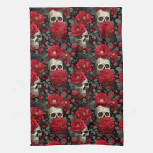 Gothic Crow and Skull Floral Seamless Pattern Kitchen Towel
