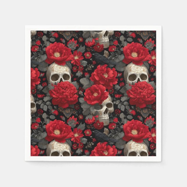 Gothic Crow and Skull Floral Seamless Pattern Napkin (Front)