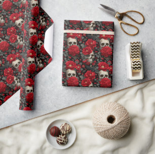 Gothic Crow and Skull Floral Seamless Pattern Wrapping Paper