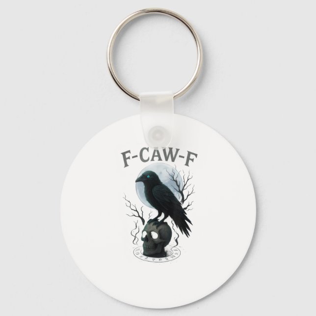 Gothic Crow F-Caw-F Raven Skull Moon Halloween Keychain (Front)
