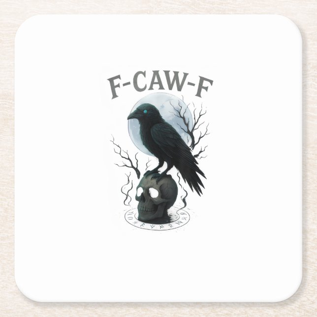 Gothic Crow F-Caw-F Raven Skull Moon Halloween Square Paper Coaster (Front)