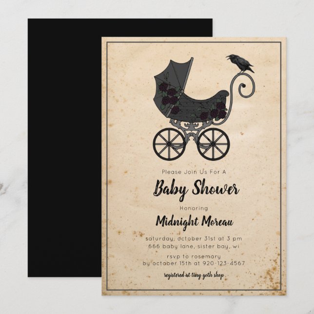 Gothic Crow Floral Stroller Baby Shower Invitation (Front/Back)