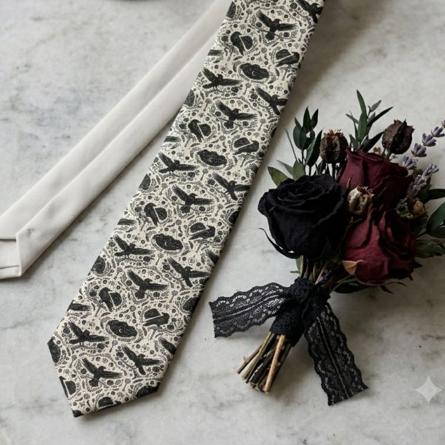 Gothic Crow Print Dark Academia Tie (A raven damask necktie to complete a groom's elegant gothic wedding look.)