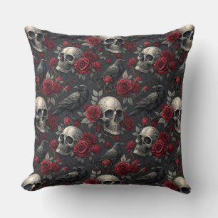 Gothic Crow Skull Print Dark Rose Raven Skull Throw Pillow