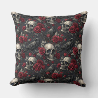 Gothic Crow Skull Print Dark Rose Raven Skull Throw Pillow