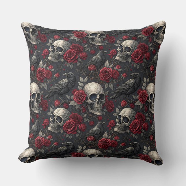 Gothic Crow Skull Print Dark Rose Raven Skull Throw Pillow (Front)
