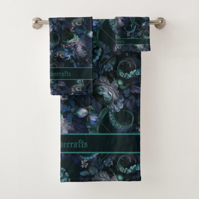 Gothic Cthulhu Turquoise Tentacle With Flowers Bath Towel Set (Insitu)