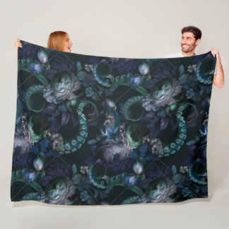Gothic Cthulhu Turquoise Tentacle With Flowers Fleece Blanket