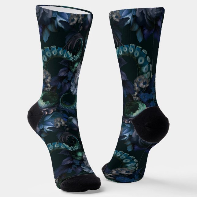 Gothic Cthulhu Turquoise Tentacle With Flowers Socks (Angled)