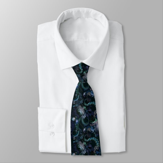 Gothic Cthulhu Turquoise Tentacle With Flowers Tie (Tied)