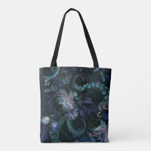 Gothic Cthulhu Turquoise Tentacle With Flowers Tote Bag