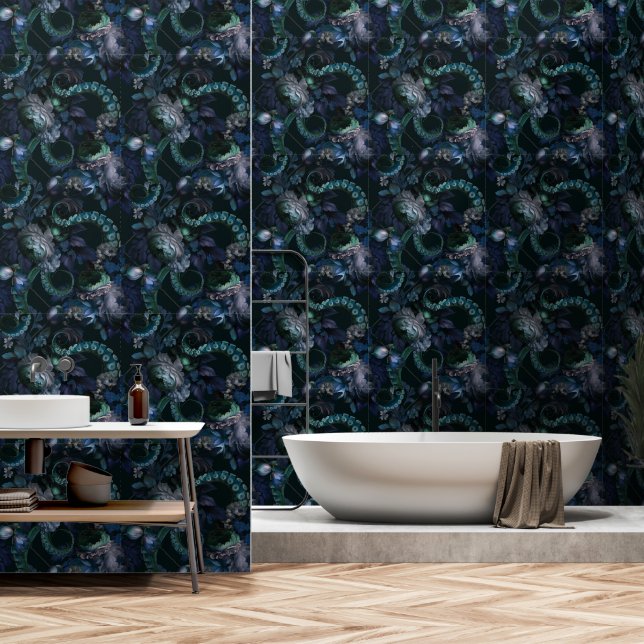 Gothic Cthulhu Turquoise Tentacle With Flowers Wallpaper (Bathroom)