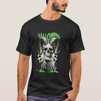 Gothic Cursed Skull with Goat Horns Scary Hallowee T-Shirt