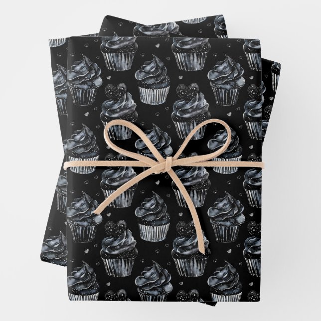 Gothic Cute Haunted Cupcakes with Hearts  Wrapping Paper Sheet (In situ)