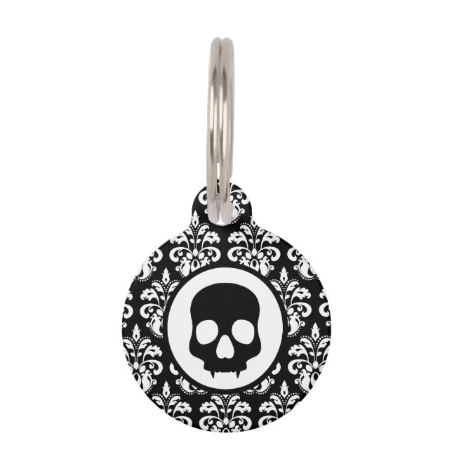 Gothic cute spooky skull elegant damask pet tag (Front)