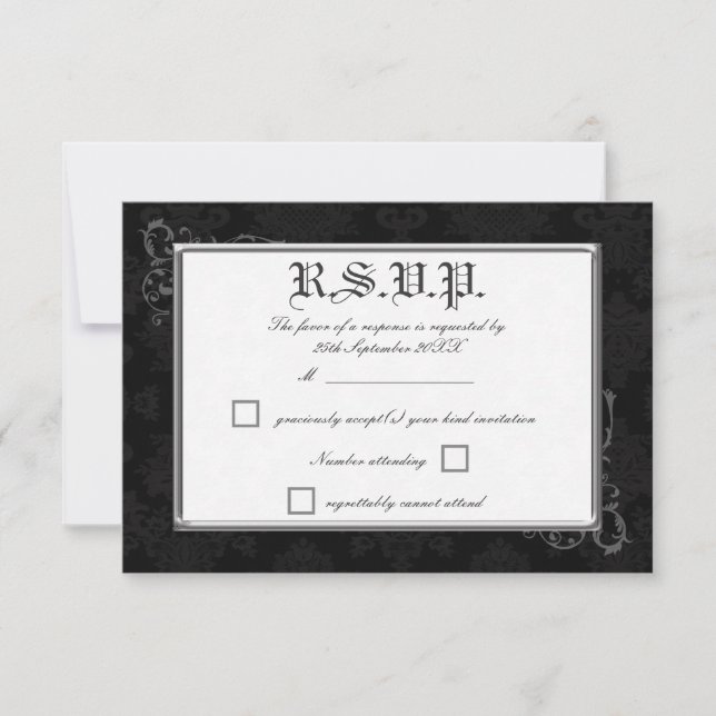 Gothic Damask RSVP Response Cards in Black & Grey (Front)