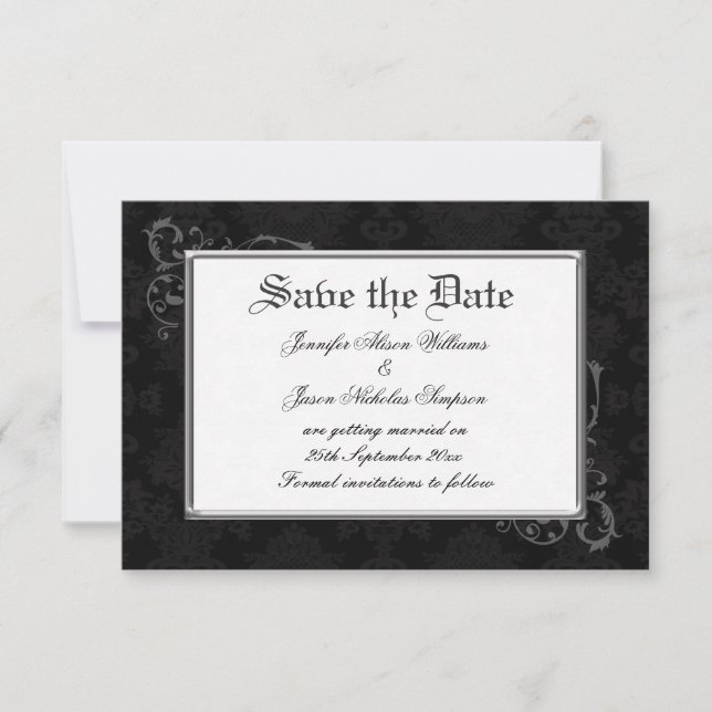 Gothic Damask Save the Date in Black & White (Front)