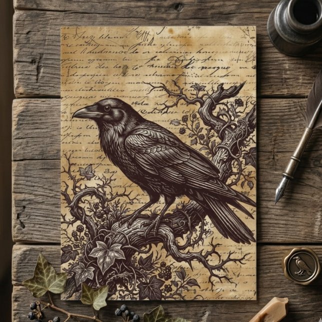 Gothic Dark Academia Vintage Script Raven Card (Gothic raven dark academia greeting card)
