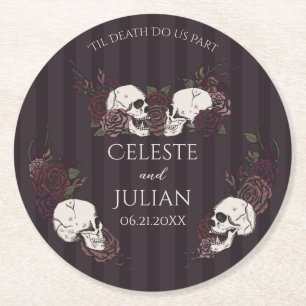 Gothic Dark Burgundy Floral Til Death Wedding Round Paper Coaster