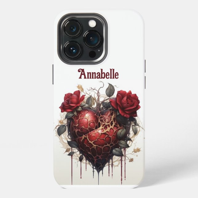 Gothic Dark Dripping Red Heart & Roses Monogram iPhone Case (Back)
