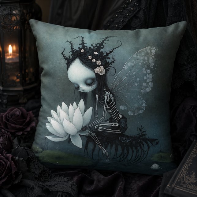Gothic Dark Fantasy Fairy Skeleton Halloween Decor Throw Pillow (Creator Uploaded)