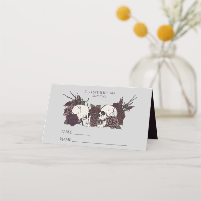 Gothic Dark Floral Light Gray Wedding Place Card (Front)