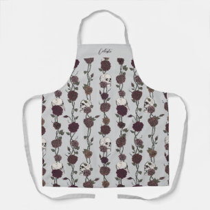 Gothic Dark Floral Skulls Light Gray Apron