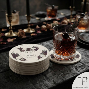 Gothic Dark Floral Til Death Wedding Round Paper Coaster