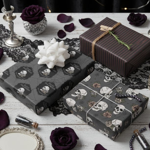 Gothic Dark Grey Skulls and Stripes Halloween  Wrapping Paper Sheet