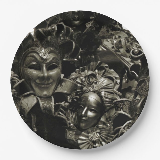 Gothic Dark Masquerade Masks Black and White Paper Plate (Front)