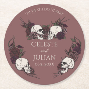 Gothic Dark Mauve Pink Floral Til Death Wedding Round Paper Coaster