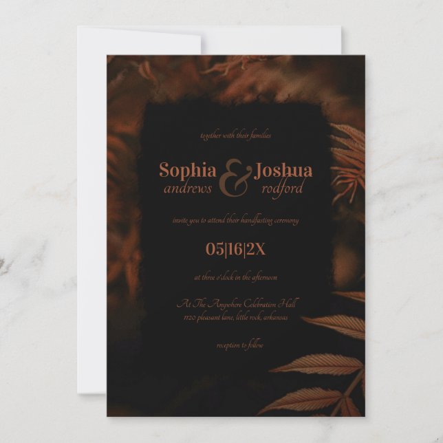 Gothic Dark Orange Leaves Fall Wedding Handfasting Invitation (Front)