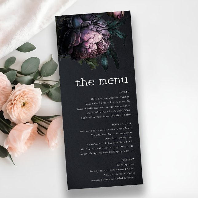 Gothic Dark Purple Black Peony Wedding Menu Card (Creator Uploaded)