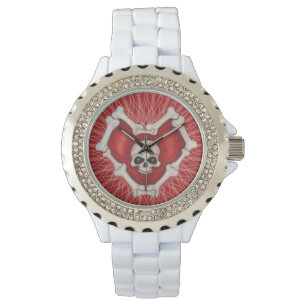Gothic Dark Red Heart With Bones Skull Spiral Line Watch