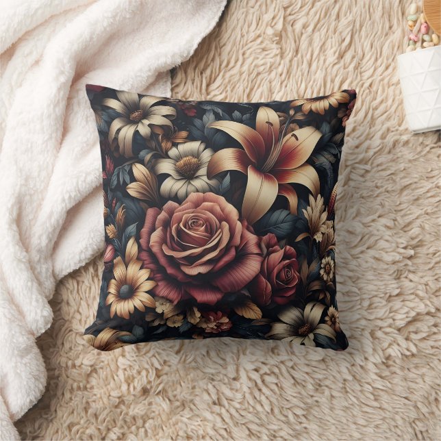 Gothic Dark Romance Floral Pattern Throw Pillow (Blanket)