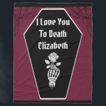 Gothic Dark Romance I Love You to Death Skeleton Fleece Blanket<br><div class="desc">Gothic Dark Romance I Love You to Death Skeleton Fleece Blanket - A dark and moody fleece blanket with a coffin and skeleton hand with a rose, spooky spiderwebs frame the top. With dark red, black and white design elements. The custom text reads "I love you to Death". Personalize by...</div>