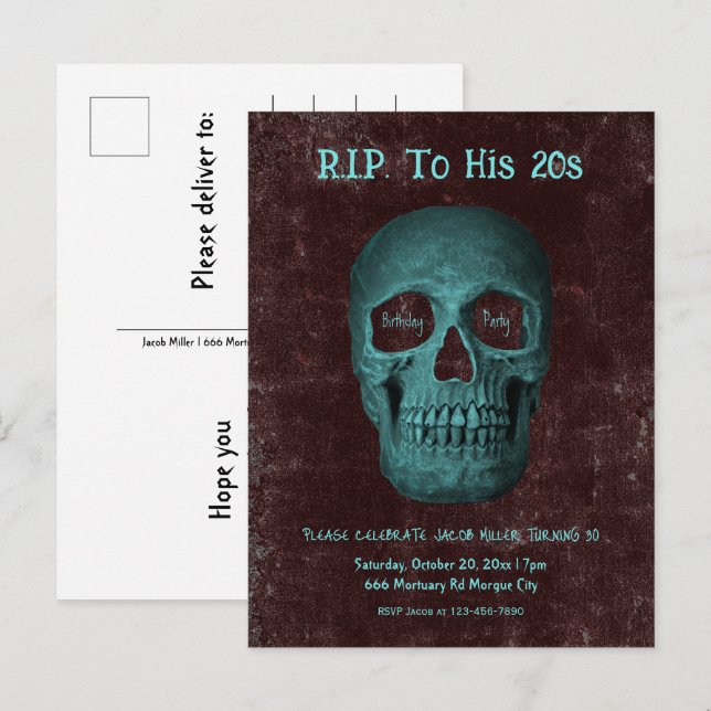 Gothic Dark Teal Brown Skull RIP To His 20s Invitation Postcard (Front/Back)
