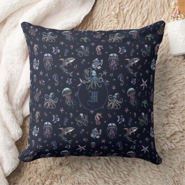 Gothic Dark Underwater World Monogram Throw Pillow (Blanket)