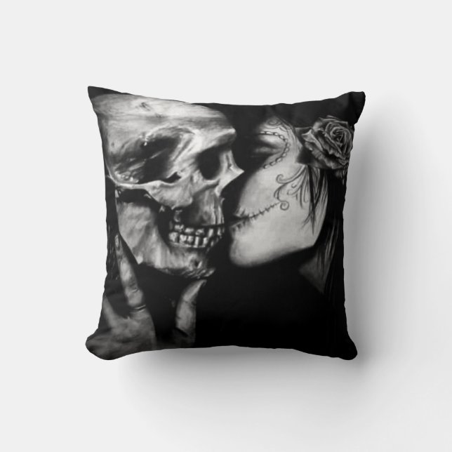 Gothic Day of Dead Black and White Skull And Woman Throw Pillow (Front)