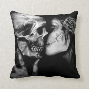 Gothic Day of Dead Black and White Skull And Woman Throw Pillow