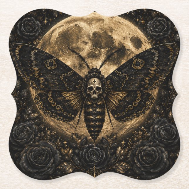 Gothic Death Moth Wedding - Dark Romance Paper Coaster (Front)