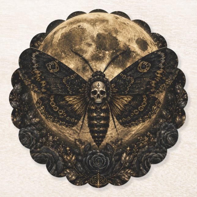 Gothic Death Moth Wedding - Dark Romance Paper Coaster (Front)
