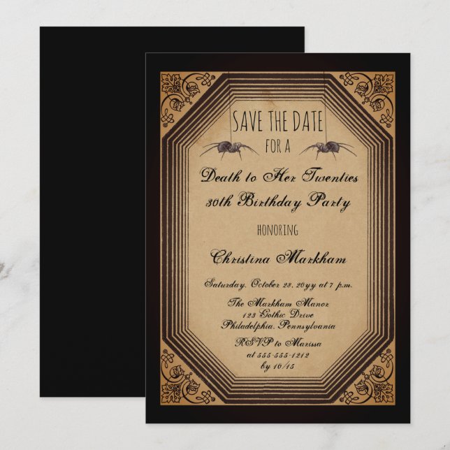 Gothic Deco Death to Her 20s Birthday Party Save The Date (Front/Back)