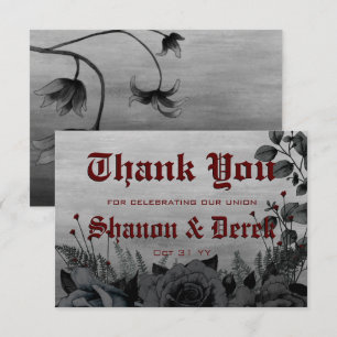 Gothic Deep Red Lettering  Black Roses Wedding Thank You Card