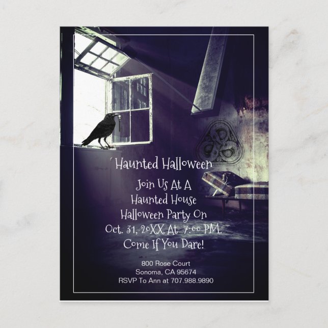 Gothic Deserted House Raven Skeleton Key Halloween Invitation Postcard (Front)