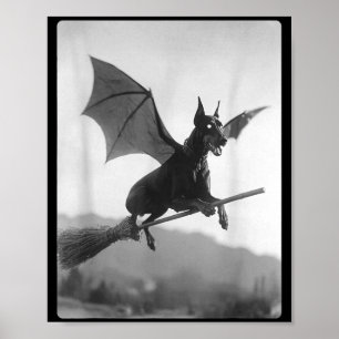 Gothic Doberman Witch Broom Bat Wings Spooky Poster