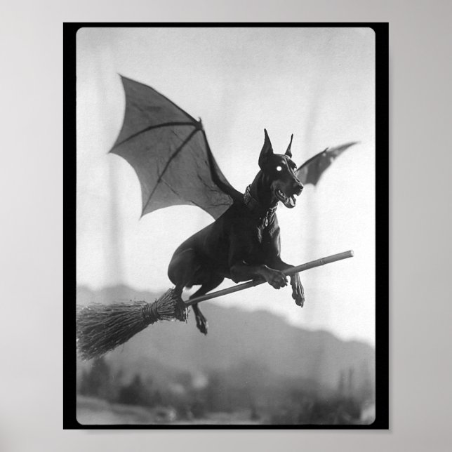 Gothic Doberman Witch Broom Bat Wings Spooky Poster (Front)